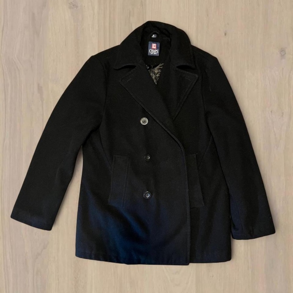 Chaps Black Double-Breasted Wool Peacoat